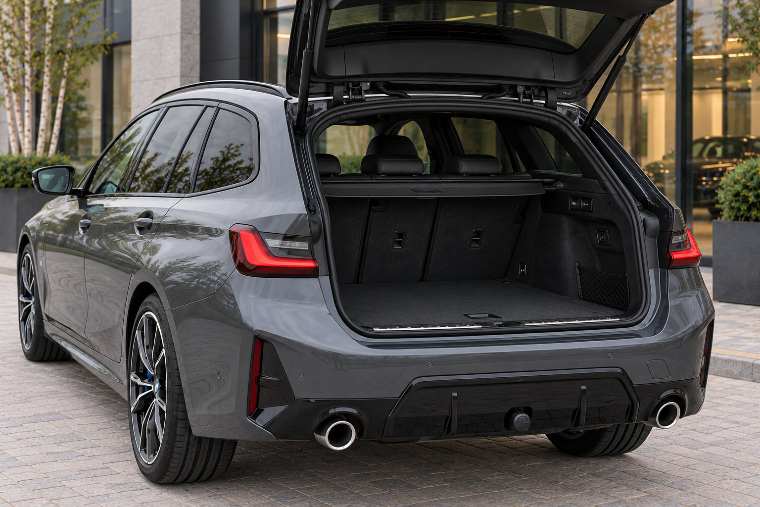BMW 330e Touring — luggage area with tailgate open