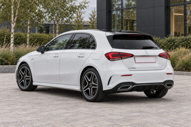 Mercedes-Benz A250e — rear three-quarter view